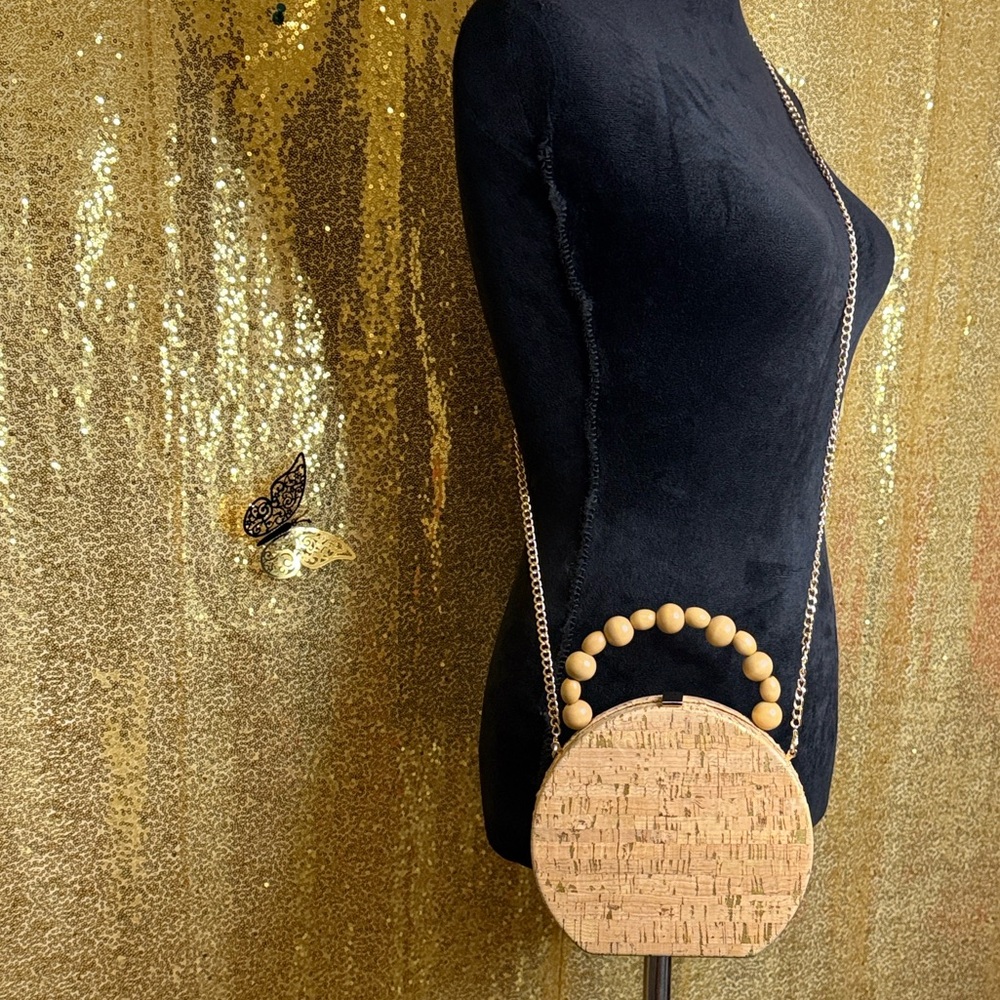 Tan Round Cork Crossbody with a wooden beaded top handle and gold tone chain - Picture 3 of 9